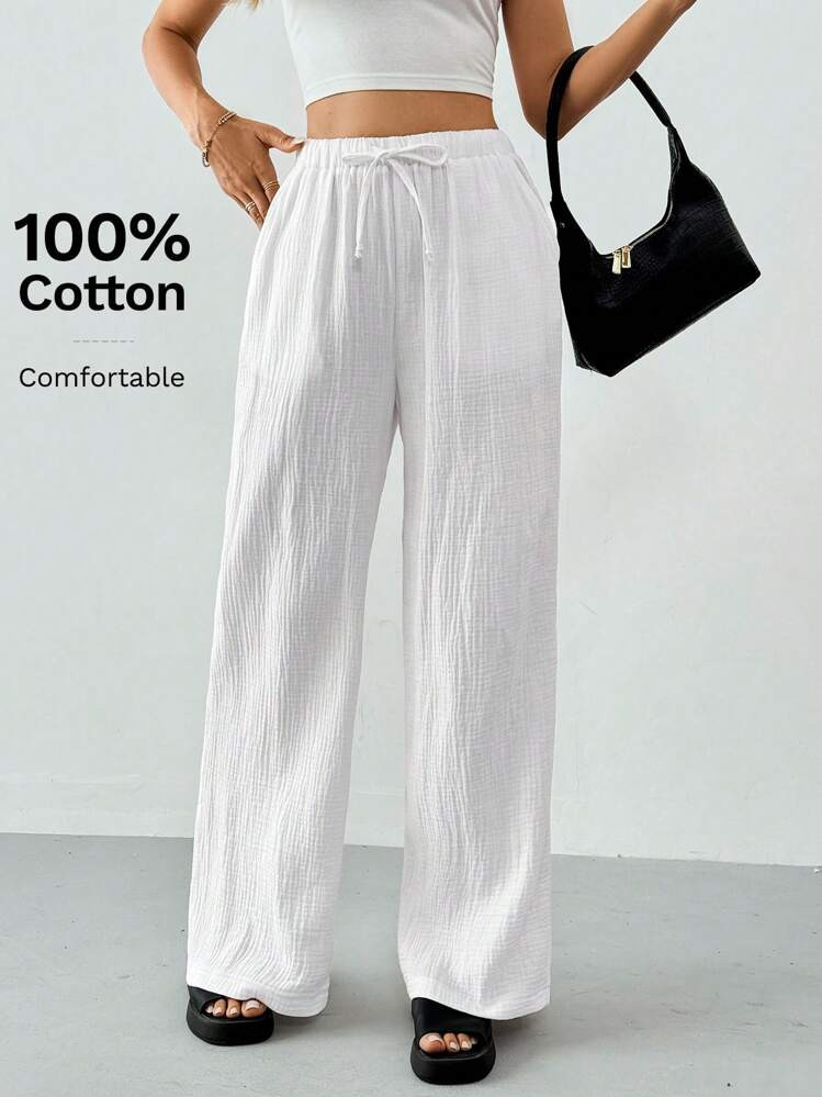 SHEIN Tall Cotton Loose Texture Wrinkle Fabric Drawstring Waist White Long Pants | SHEIN