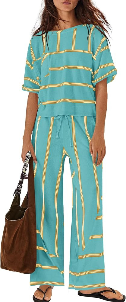 Nirovien Womens Striped Lounge Set 2 Piece Vacation Sets Short Sleeve Tops and Wide Leg Pants Tra... | Amazon (US)