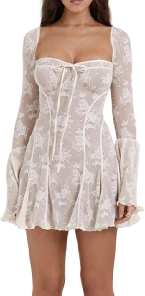 Corset Dress Sexy Stylish Slim Fit Lace Trumpet Long-Sleeved Low Cut Backless Strappy A-Line Dres... | Amazon (CA)