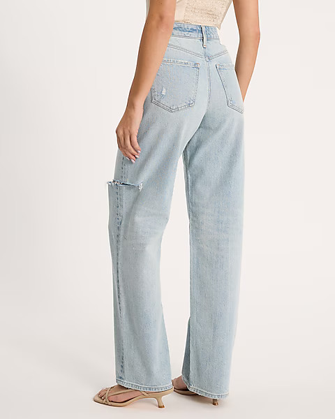 High Waisted Light Wash Ripped 50/50 Rigid Stretch Relaxed Straight Jeans | Express