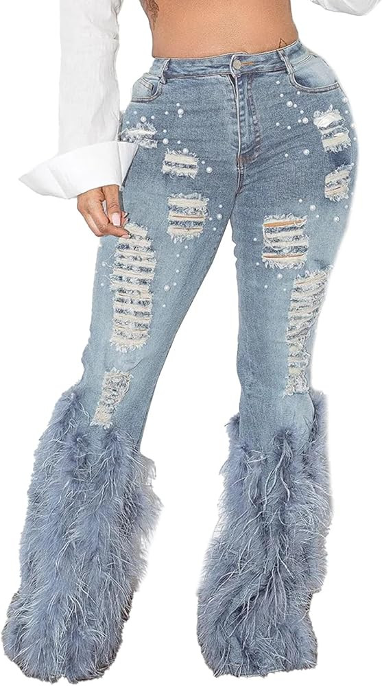Lucuna Women's Pearl Ripped Jeans Fluffy Feather Bell Bottom Stretch Straight Leg Distressed Deni... | Amazon (US)