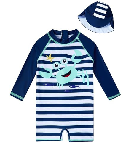 Baby Boy Swimsuit 3-6 Months Newborn Dark Blue Crab Bathing Suit Black Swimming Suit for Boys Long Sleeve Swimwear with Sun Hat | Amazon (US)