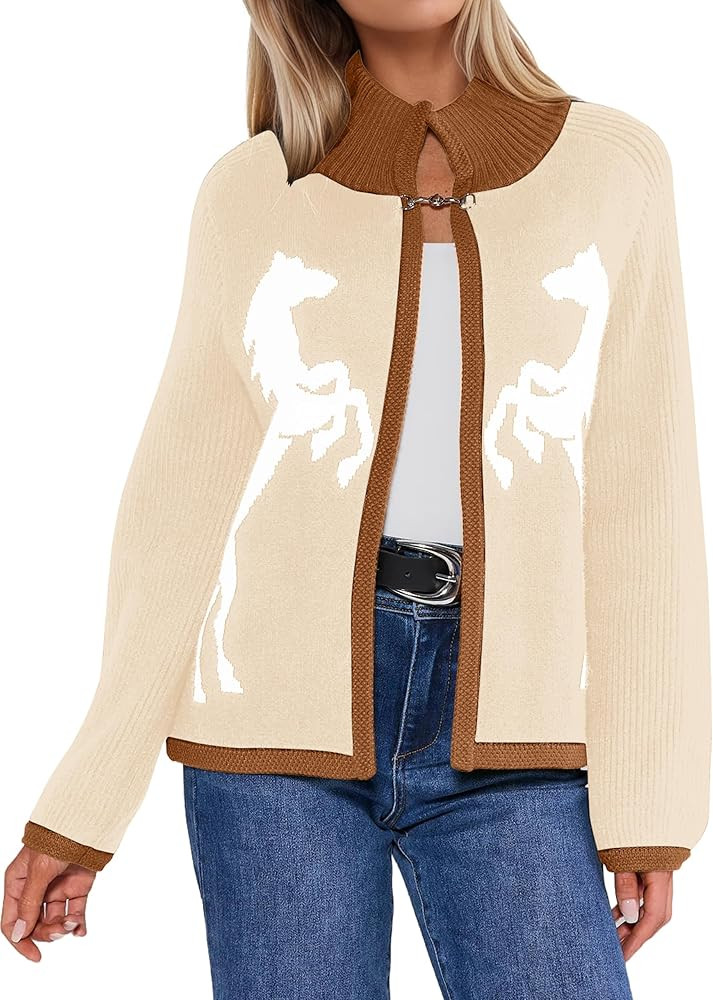 MISSACTIVER Women’s Horse Graphic Cardigan Sweaters Long Sleeve Horse-bit Ribbed Knit Jumper St... | Amazon (US)