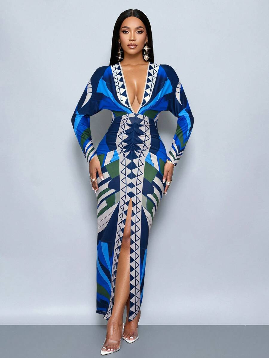 SOLERSUN Women's Chain Print Slit Thigh Bodycon Dress, Sexy Deep V-Neck, High Waisted Print Long ... | SHEIN