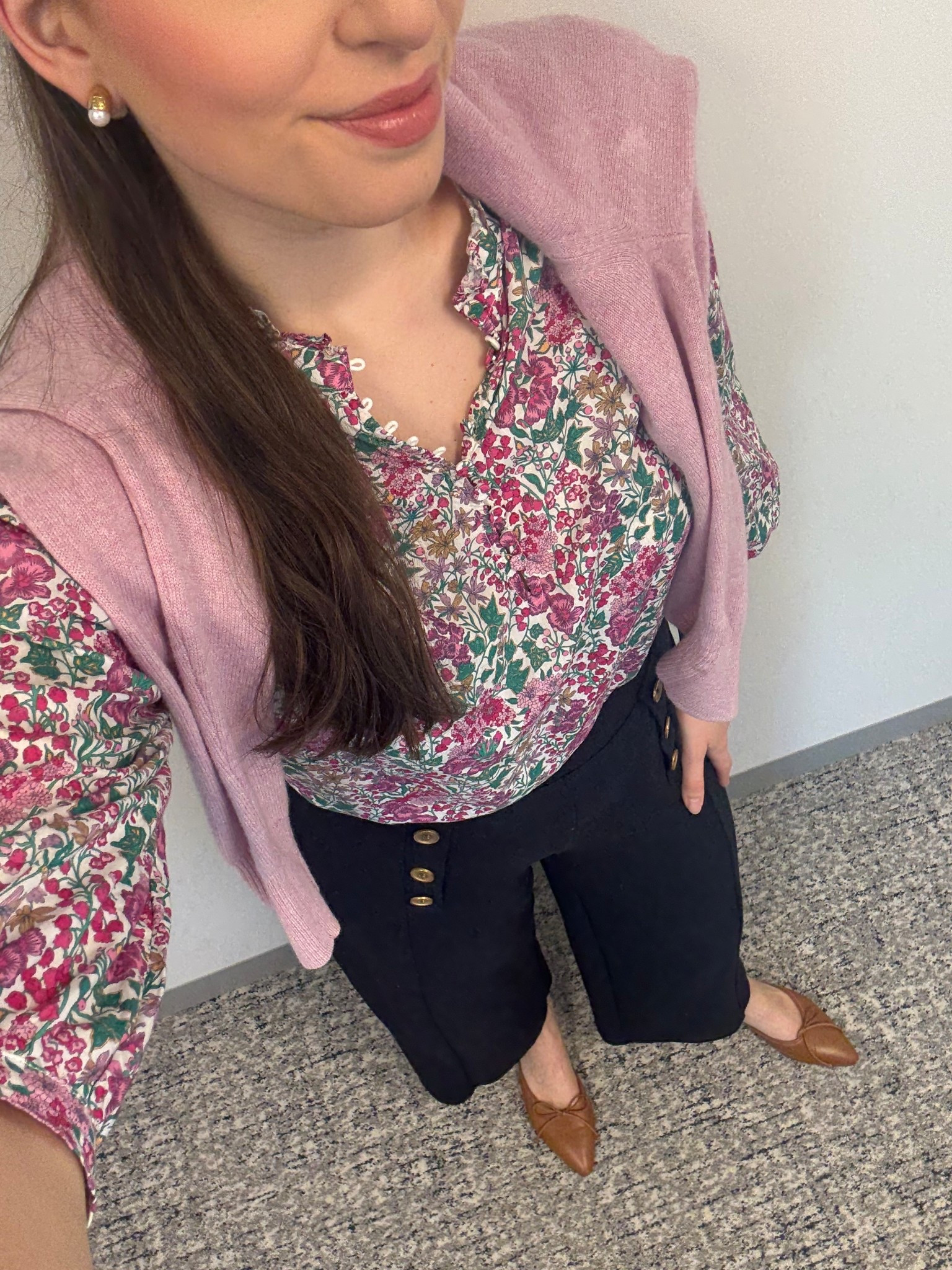 Office style, office outfit, corporate style, corporate outfit, workwear, spring workwear, spring office style, spring office outfit, spring workwear, lawyer, attorney, sailor pants, corporate workwear, floral shirt, floral blouse, purple sweater, cashmere sweater, brown mules, brown flats 

#LTKWorkwear #LTKSeasonal #LTKTall