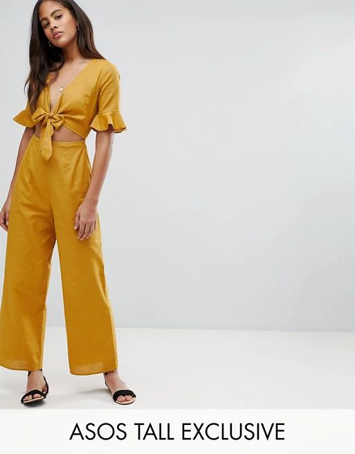 ASOS DESIGN Tall tea jumpsuit with cut out and tie detail in linen | ASOS US