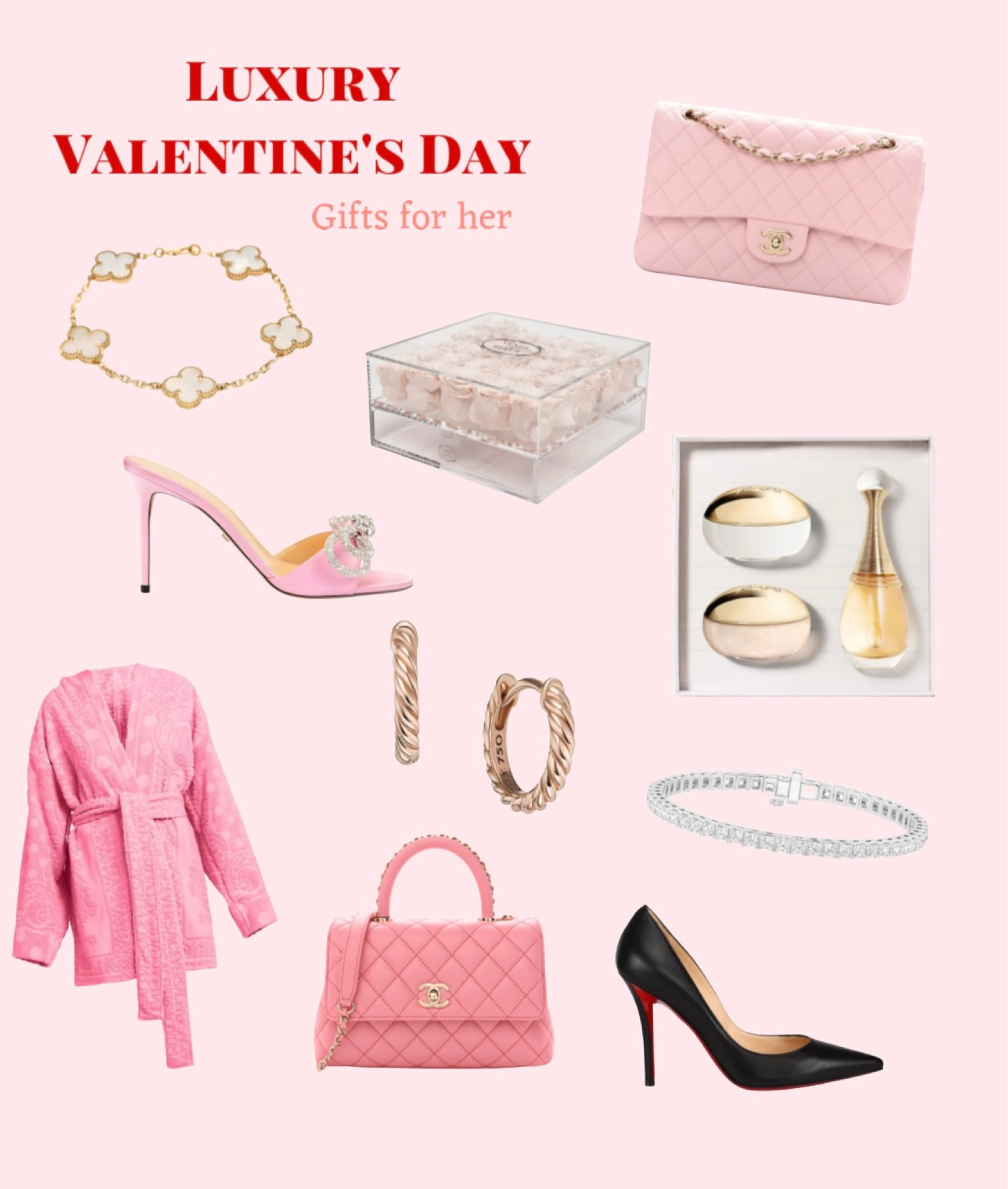 Luxury high end gifts for her
Valentine’s Day
Pink Chanel Kelly classic
Dior perfume
Tennis bracelet, pink, shoes, Mach & mach, Earrings, Van cleef, Versace robe, 

#LTKshoecrush #LTKGiftGuide
