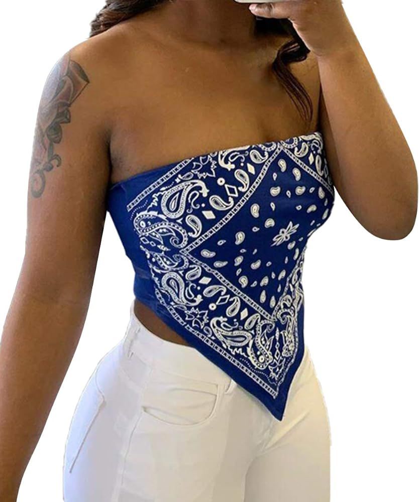 Sexy Crop Tops for Women Paisley Party Club Cothes Strapless Stretchy Bandeau Tube Tops Smocked Bandana Top | Amazon (US)