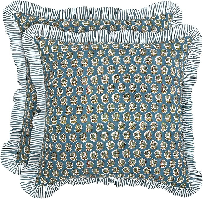 Ridhi Block Print Peacock Blue Throw Pillow Cover 20" x 20" (Pack of 2) Decorative Cushion Covers... | Amazon (US)