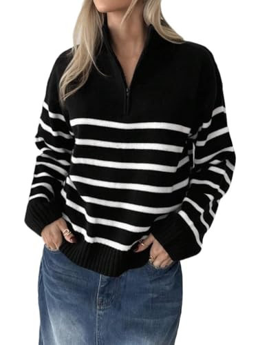 Fall Winter Long Sleeve Sweaters Top for Women, Stripe Pattern Half Zipper Drop Shoulder Sweater | Amazon (US)