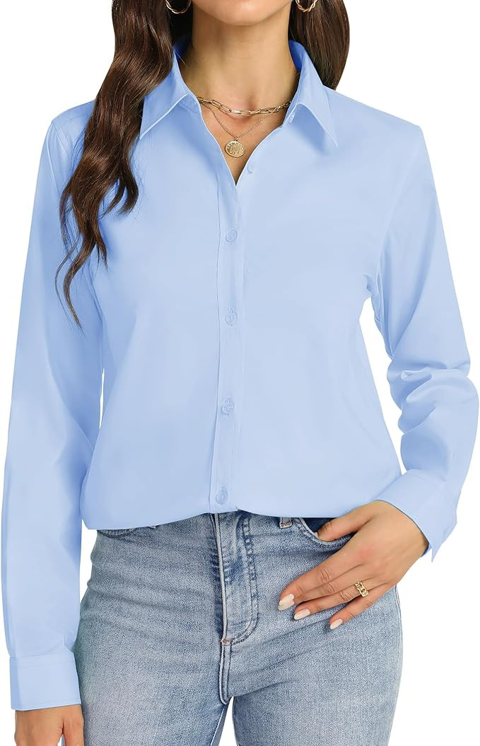 J.VER Womens Button Down Shirt Long Sleeve Dress Shirts Stretch Solid Work Blouse Collared Shirts... | Amazon (US)