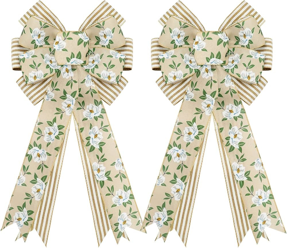 Whaline 2 Pack Spring Magnolia Wreath Bow Stripe Rustic Bowknot for Wreath Imitated Linen Burlap ... | Amazon (US)