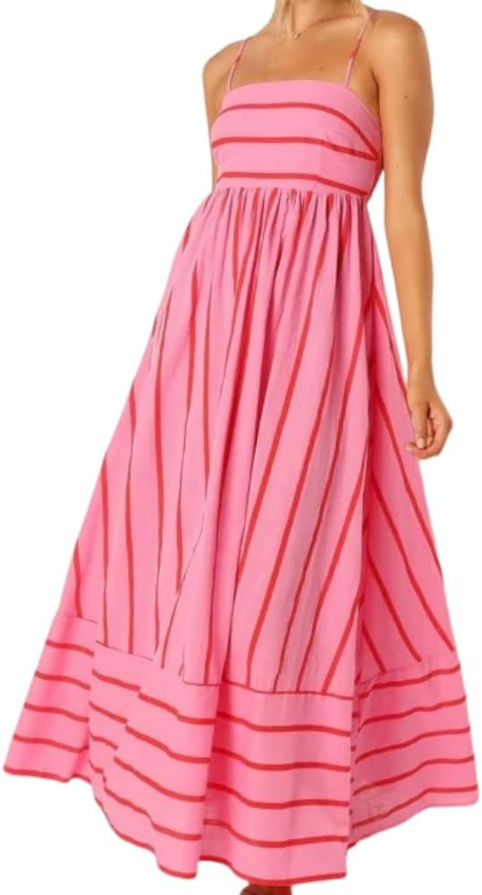 Women's Dresses Summer Striped Print Spaghetti Strap Sexy Off Shoulder Casual Cami Swing Long Dre... | Amazon (US)
