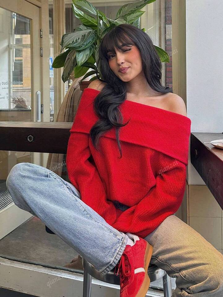 Women Fashion Solid Off Shoulder Sweater Long Sleeve Knitted Pullover Sweater | SHEIN