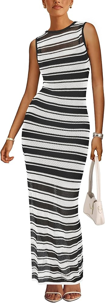 MASCOMODA Womens 2025 Striped Summer Dresses Crochet Swimsuit Coverup Sleeveless Tank Maxi Dress ... | Amazon (US)