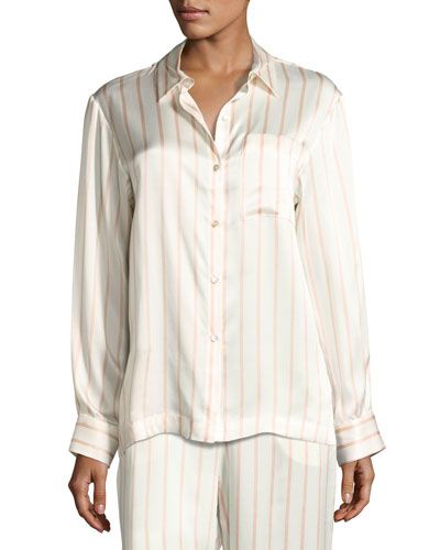 Striped Button-Front Silk Pajama Top, Pink Pattern | Neiman Marcus