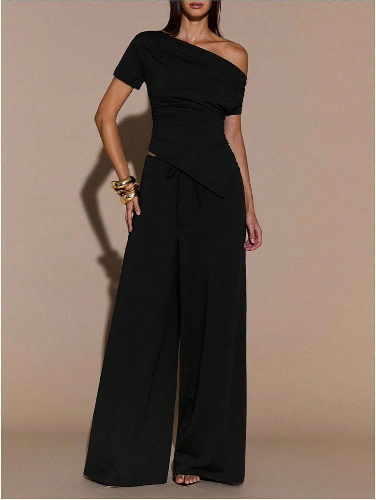 SweatyRocks Women's Off Shoulder 2 Piece Dressy Sets Wide Leg Pants | Amazon (US)