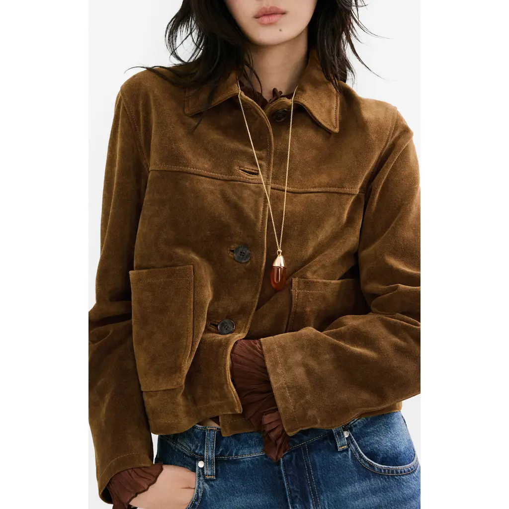 MANGO Laura Crop Suede Jacket in Tobacco Brown at Nordstrom, Size Medium | Nordstrom