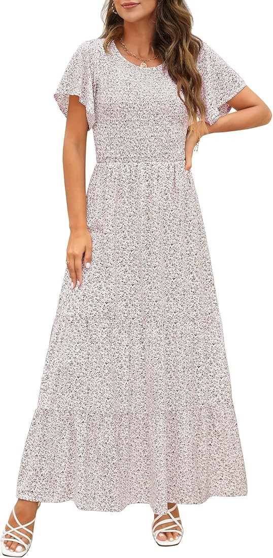 Annebouti Summer Women Short Flutter Sleeve Round Neck Boho Floral Smocked Tiered Maxi Dress | Amazon (US)