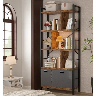 5 Tier Tall Bookshelf With Drawers, Storage For Living Room, Bedroom Home Office, Rustic Brown | Wayfair North America