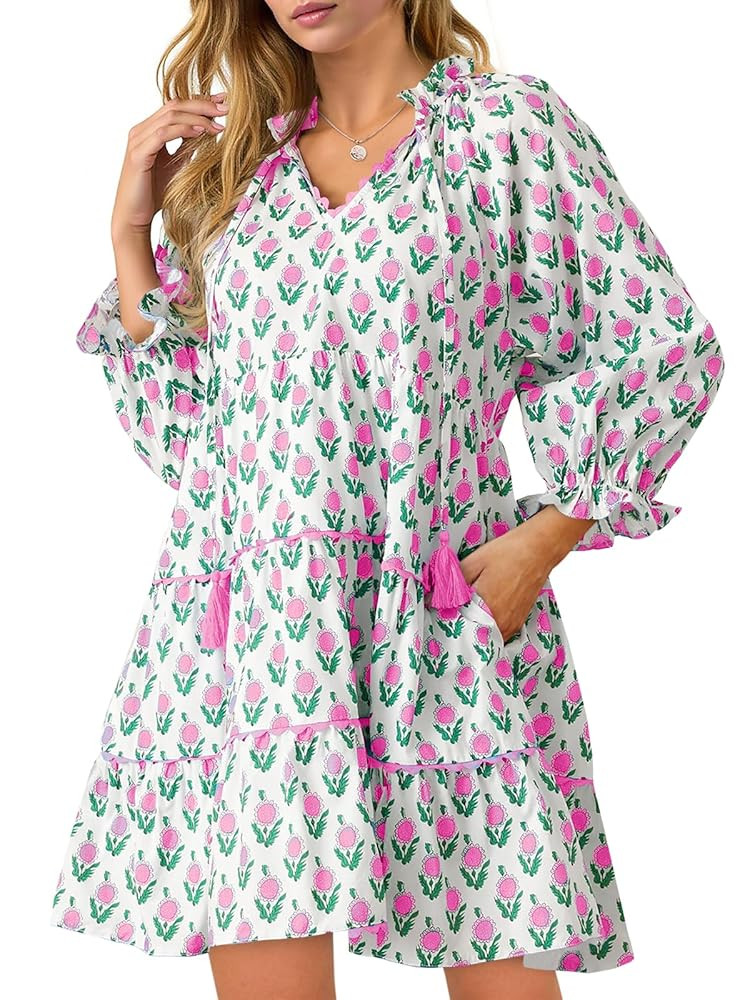 Wenrine Womens Casual Mini Dress Long Sleeve Floral Ruffle V Neck Fall Loose Boho Babydoll Dresse... | Amazon (US)