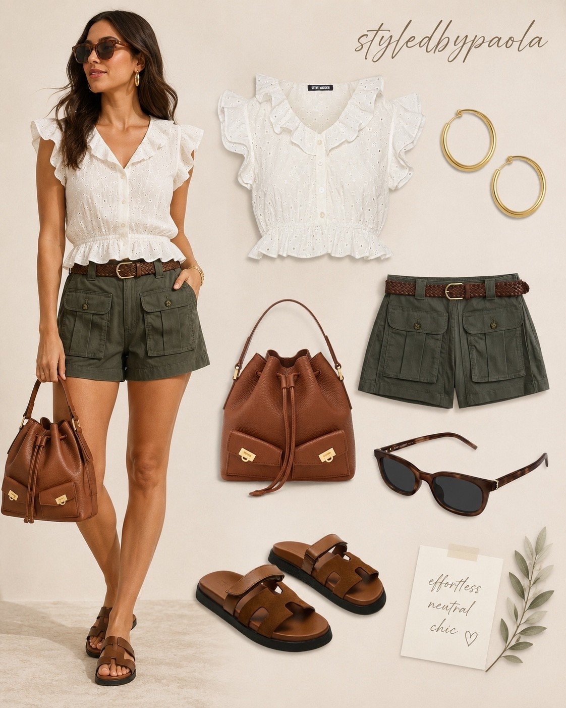 The kind of outfit you’ll reach for on repeat 🤎✨ A feminine eyelet top, olive utility shorts, comfy slides, and the perfect brown accessories for an effortlessly chic summer look. Follow styledbypaola for more everyday outfit inspiration. ☕️🤍

#LTKSeasonal #LTKU #LTKootd