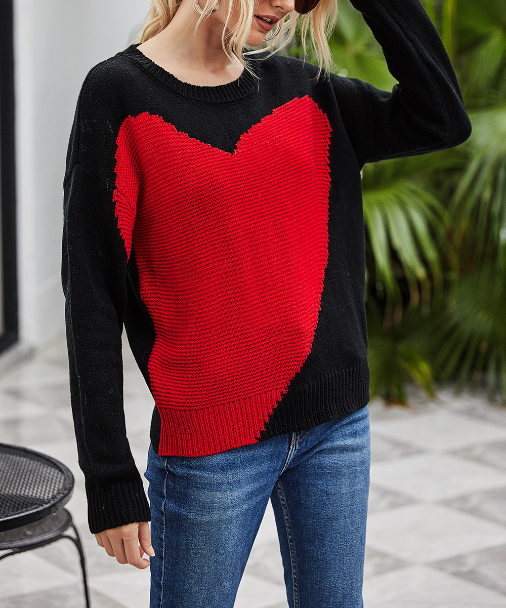 Lisa and Rose Women's Pullover Sweaters BLACK - Black Heart Ribbed Crewneck Sweater - Women | Zulily