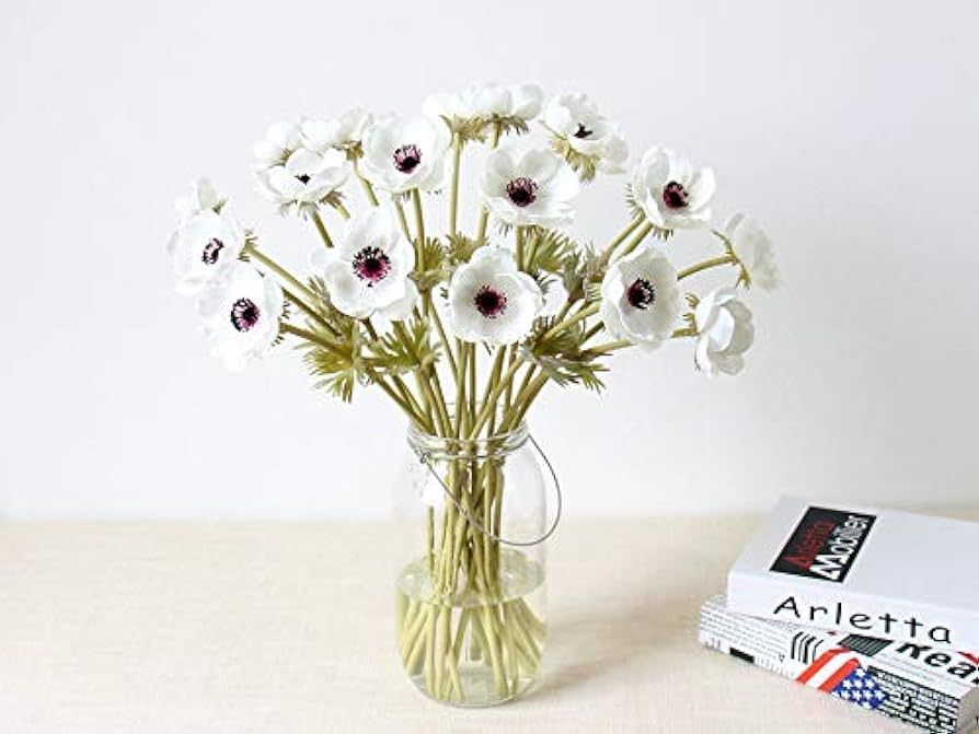 LebriTamFa 10Pcs Artifical Real Touch PU Anemone Flower Bouquet Room Home Decor (White - 10Pcs) | Amazon (US)