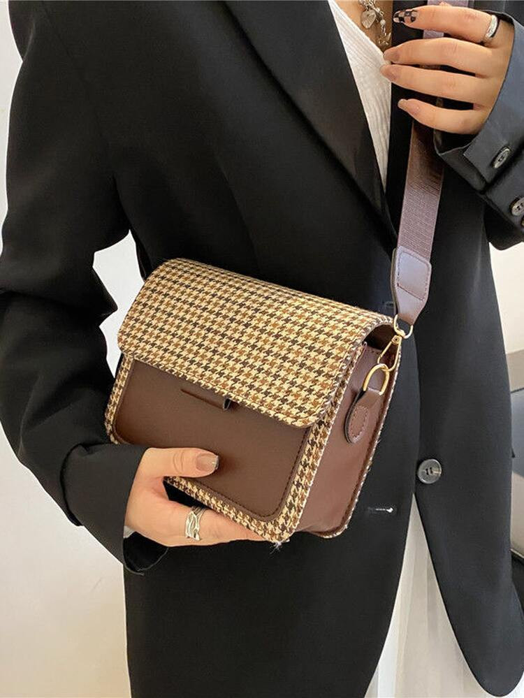 Houndstooth Pattern Flap Square Bag | SHEIN