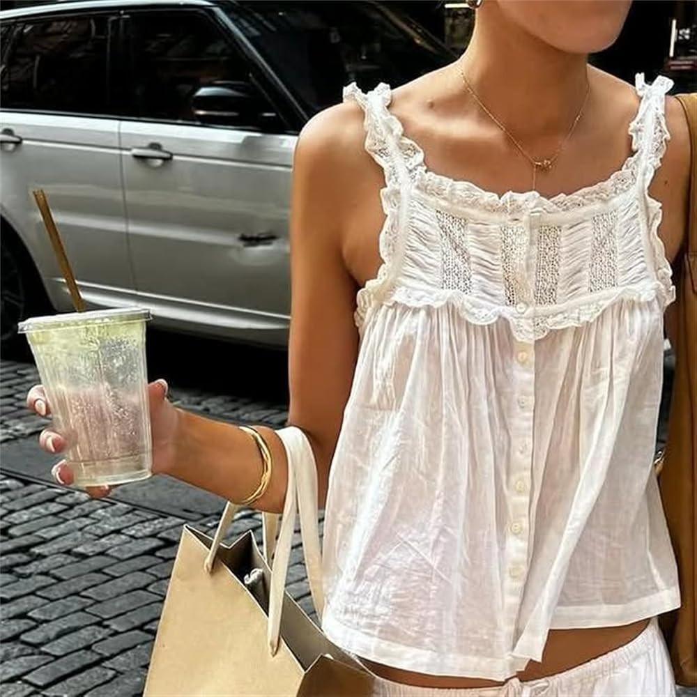 Women Summer Boho Lace Tank Top Vest Tie Front Vacation Beach Cami Tops Sleeveless Button Down Ca... | Amazon (US)