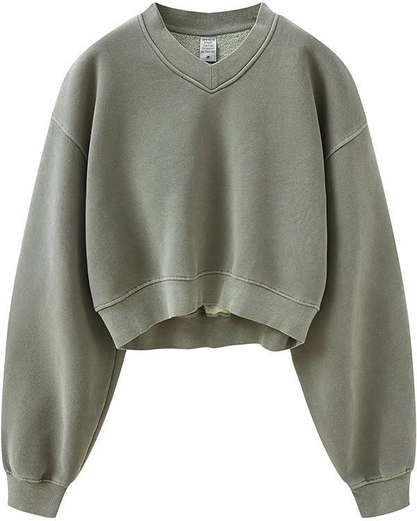 Dnzzs Womens V Neck Cropped Sweatshirt Long Sleeve Crop Pullover Fleece Hoodie Acid Wash Athletic... | Amazon (US)