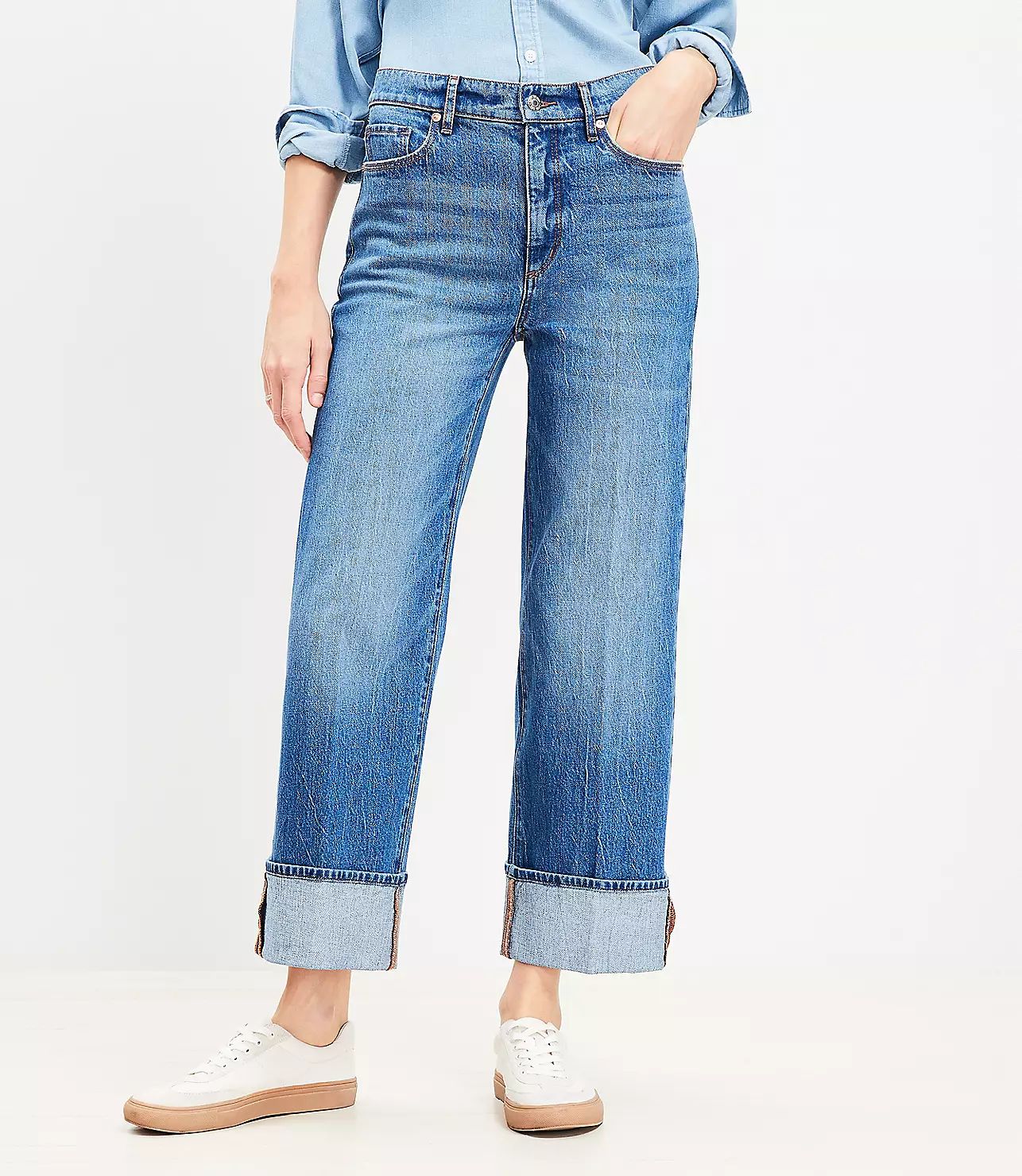 Cuffed High Rise Wide Leg Crop Jeans in Bright Indigo Wash | LOFT