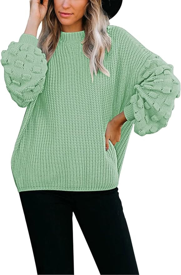 Sovoyontee Women's Cute Oversized Crewneck Loose Puff Sleeves Chunky Knit Pullover Sweater | Amazon (US)