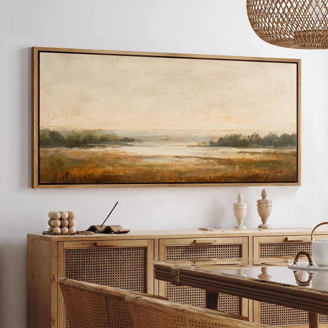 Large Framed Neutral Landscape Wall Art, Warm Earth Tone Marsh Field Scene Canvas Print, Rustic M... | Etsy (US)