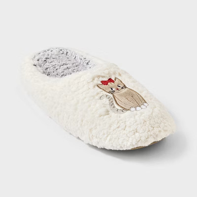Women's Embroidered Cat Faux Shearling Slide Slippers - Wild Fable™ Tan/Ivory S/M | Target