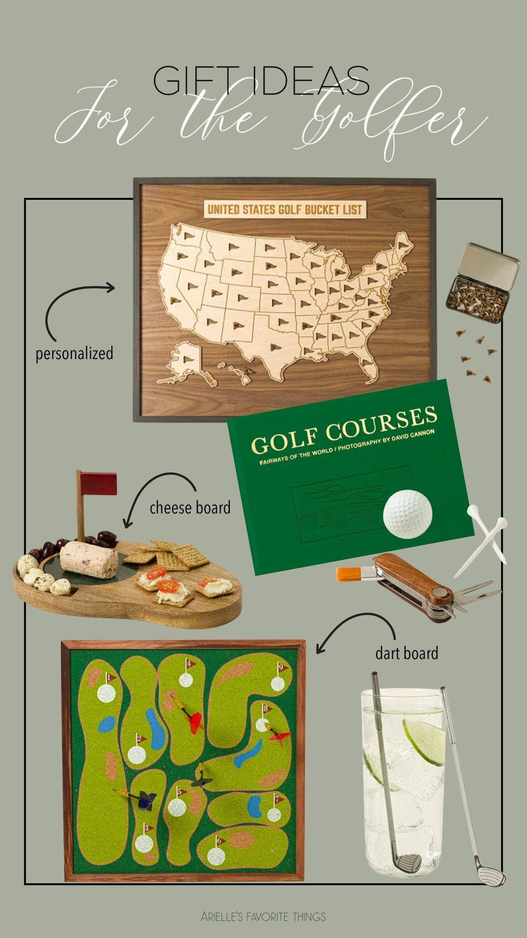 ⛳️ Gift Ideas for the Golfer ⛳️

If you’re shopping for someone who spends every free minute on the course, this roundup is so good. I pulled together unique and thoughtful golf-themed gifts that go beyond the usual polos and tees.

From a personalized U.S. Golf Bucket List map for tracking every course played, to a gorgeous Fairways of the World coffee table book, these picks feel special and elevated. I also added a fun golf-themed dart board, a cheese board, a sleek golf multi-tool, and the cutest golf club drink stirrers that make happy hour feel a little more “19th hole.”

Perfect for dads, husbands, brothers, or anyone who loves the game.

#LTKGiftGuide