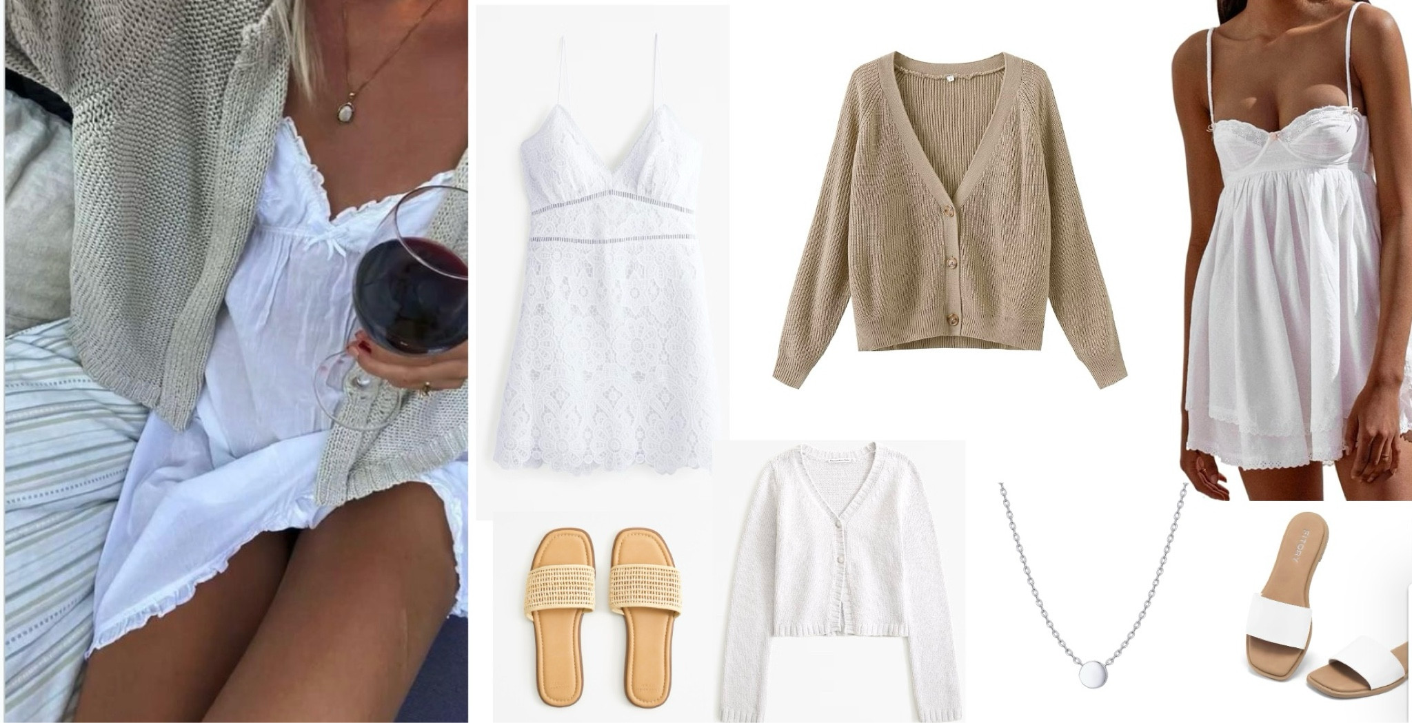 Cutest mini spring white dress with lace paired with a cardigan sweater, tan or white sandals with it! Silver jewelry would look super cute with this look! 

#LTKstyletip #LTKfindsunder100 #LTKSeasonal