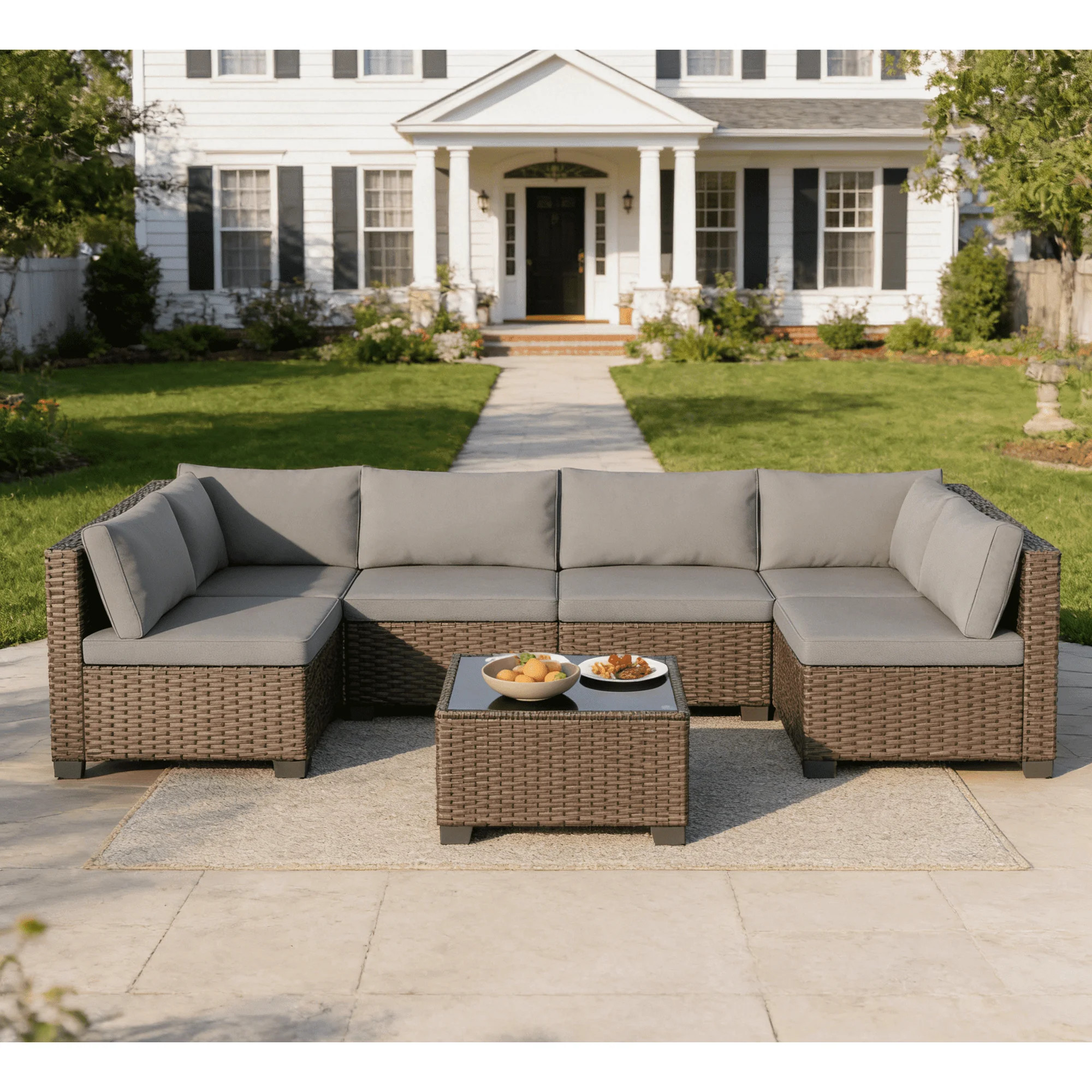7 Piece Outdoor Patio Furniture Set, Asofer Rattan Wicker Outdoor Conversation Sectional Sofa Set... | Walmart (US)