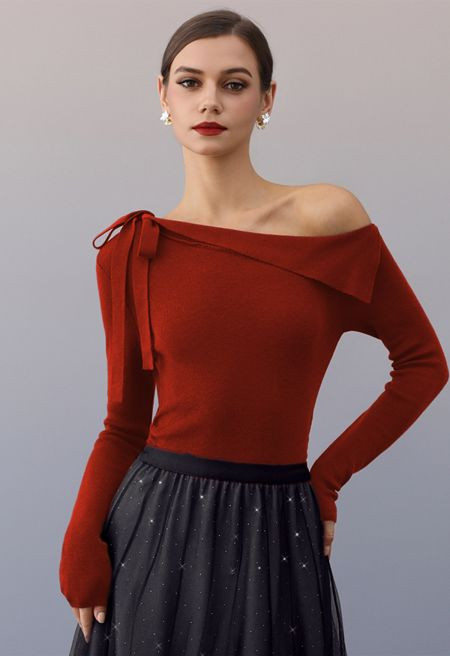 Self-Tie Bow Slant Shoulder Knit Top in Red | Chicwish