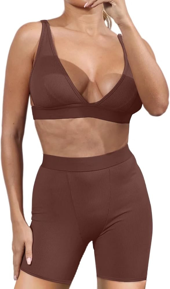 Ekaliy Women's Workout Outfit 2 Pieces High Waist Bodycon Yoga Leggings and Sleeveless Crop Top G... | Amazon (US)