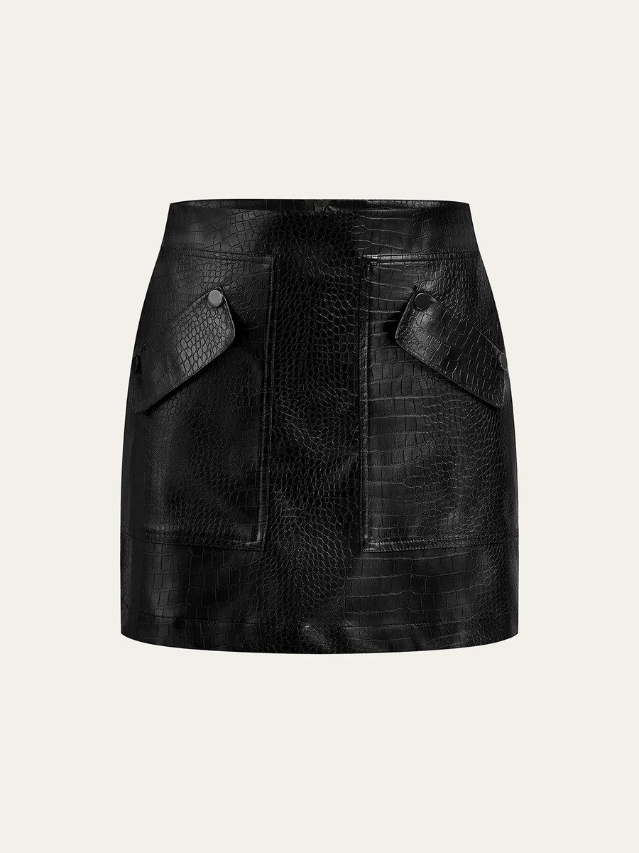 Faux Leather Crocodile-Embossed Mini Skirt | Commense