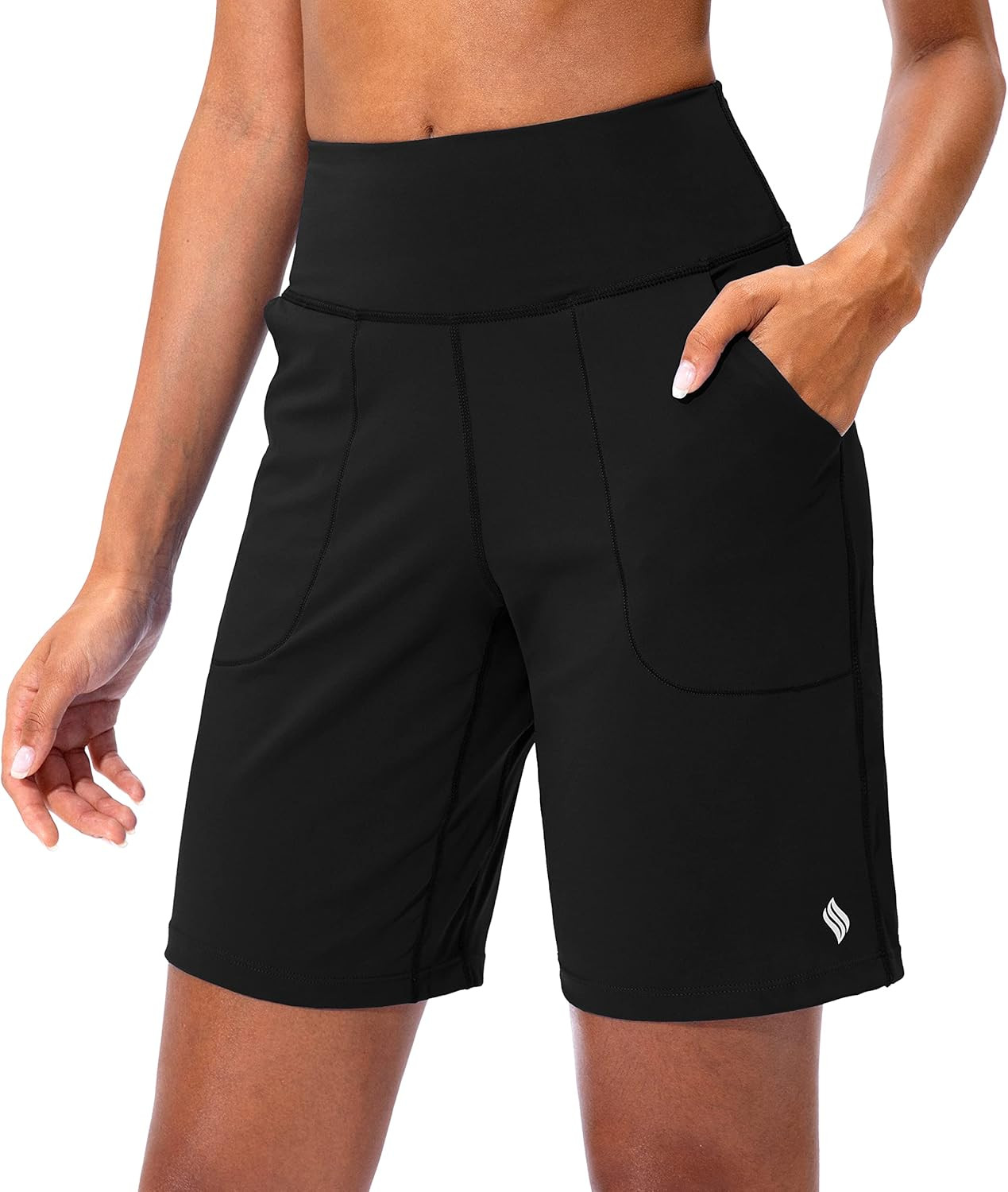 SANTINY Bermuda Shorts for Women with Zipper Pocket Womens High Waisted Long Shorts for Running W... | Amazon (US)
