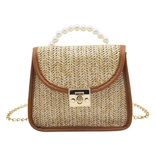 Mini Straw Bag for Women, Summer Woven Crossbody Shoulder Bag for Girls, Small Pearl Top Handle Handbag Flap Purse (Brown) | Amazon (US)