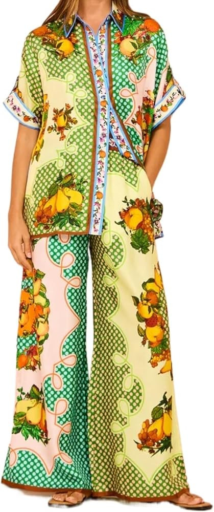 Pdxnyxx 2 Pieces Pants Sets Women Floral Fruit Print Lounge Set Wide Leg Pants Graffiti Y2k Short... | Amazon (US)