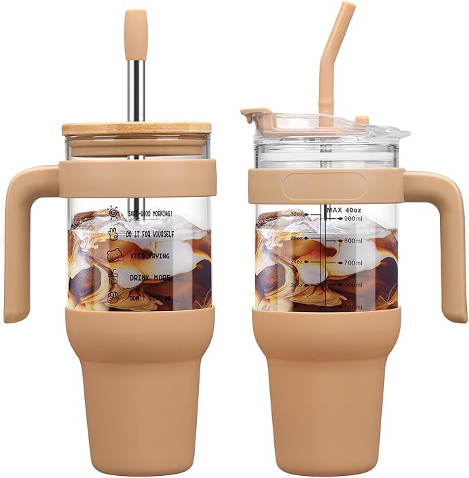 Chunmo 40 oz Glass Tumbler with 2 Lids - Bamboo Straw Lid & 2-in-1 Sip and Flip Straw Lid, Iced C... | Amazon (US)