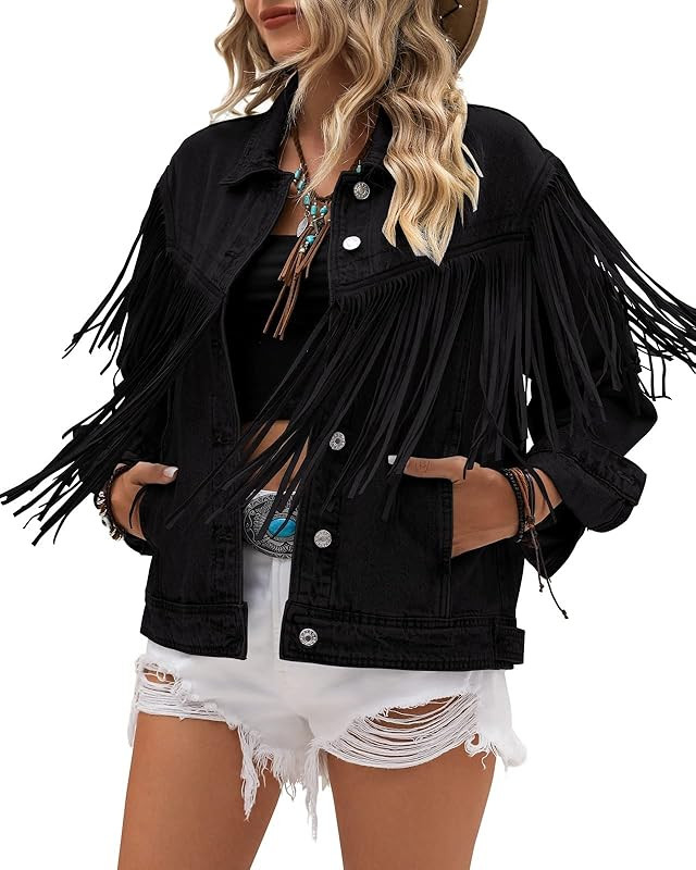 Vetinee Denim Jacket for Women Fringe Trucker Jean Jacket Distressed Western Cowgirl Shacket Jack... | Amazon (US)