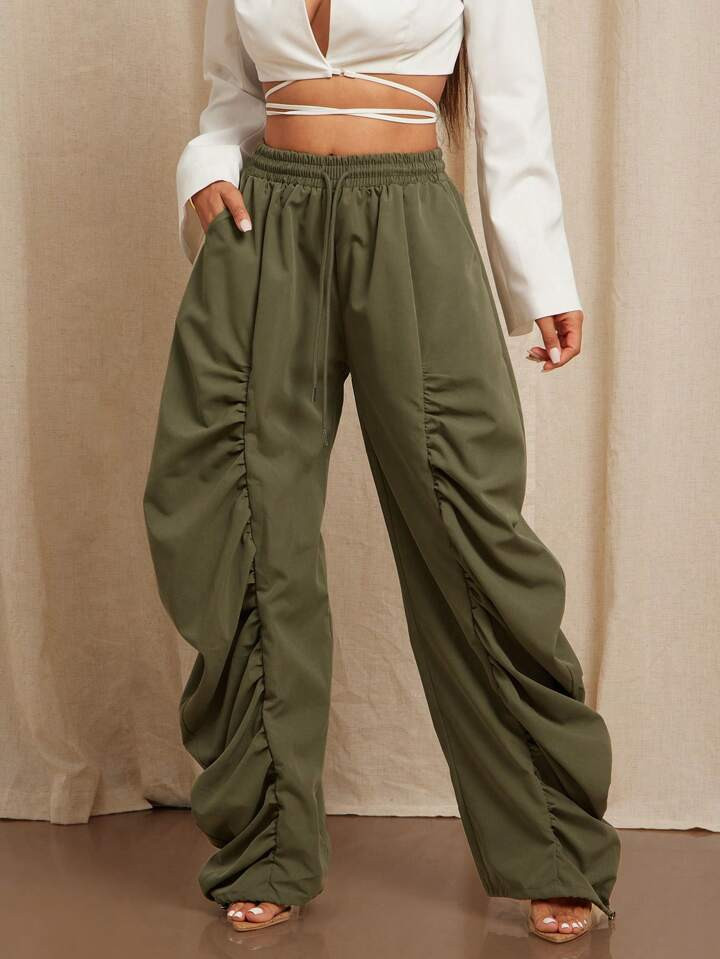 Vixey Ruched Wide Leg Drawstring Waist Woven Casual Office Pants, Business Casual Woman, Brunch Outfits For Women | SHEIN
