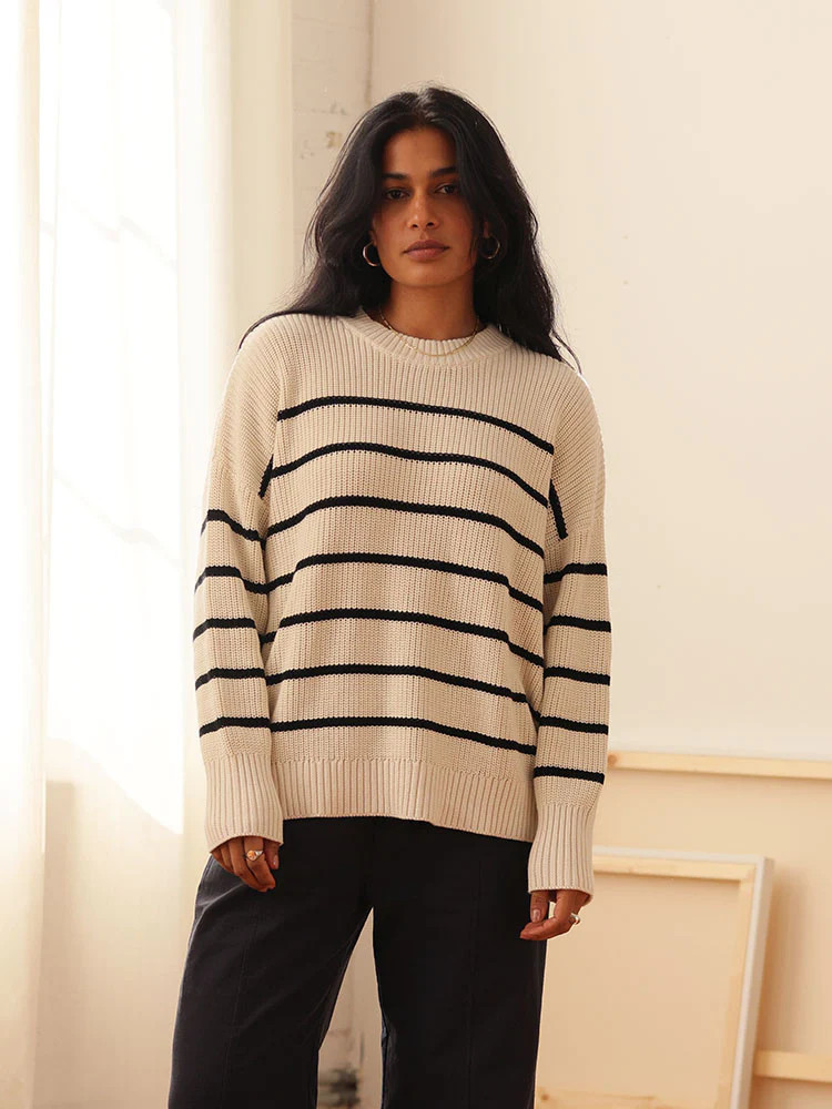 Shelter Cotton Crew Neck Sweater Oat Milk Stripe | Tradlands
