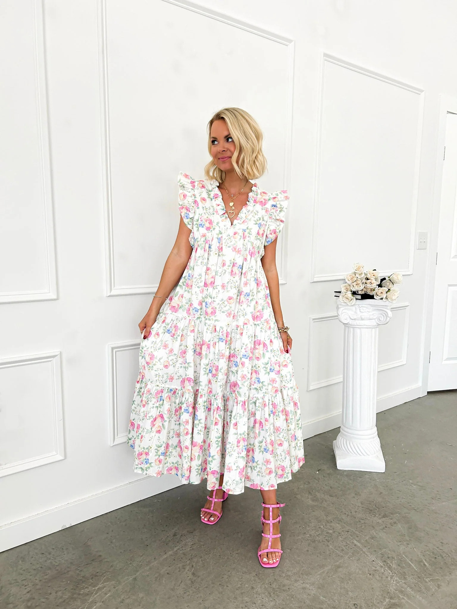 Spring Sprite Floral Ruffle Midi Dress | Flourish in Frills