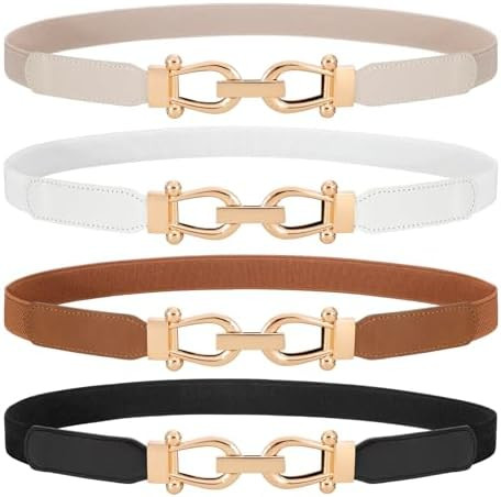 WERFORU 4 Pack Women Skinny Elastic Waist Belt Gold Buckle Stretchy Thin Belt for Jeans Dress | Amazon (US)